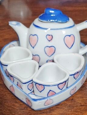 Mini Heart Tea Set - Pink Hearts on White with Blue Trim